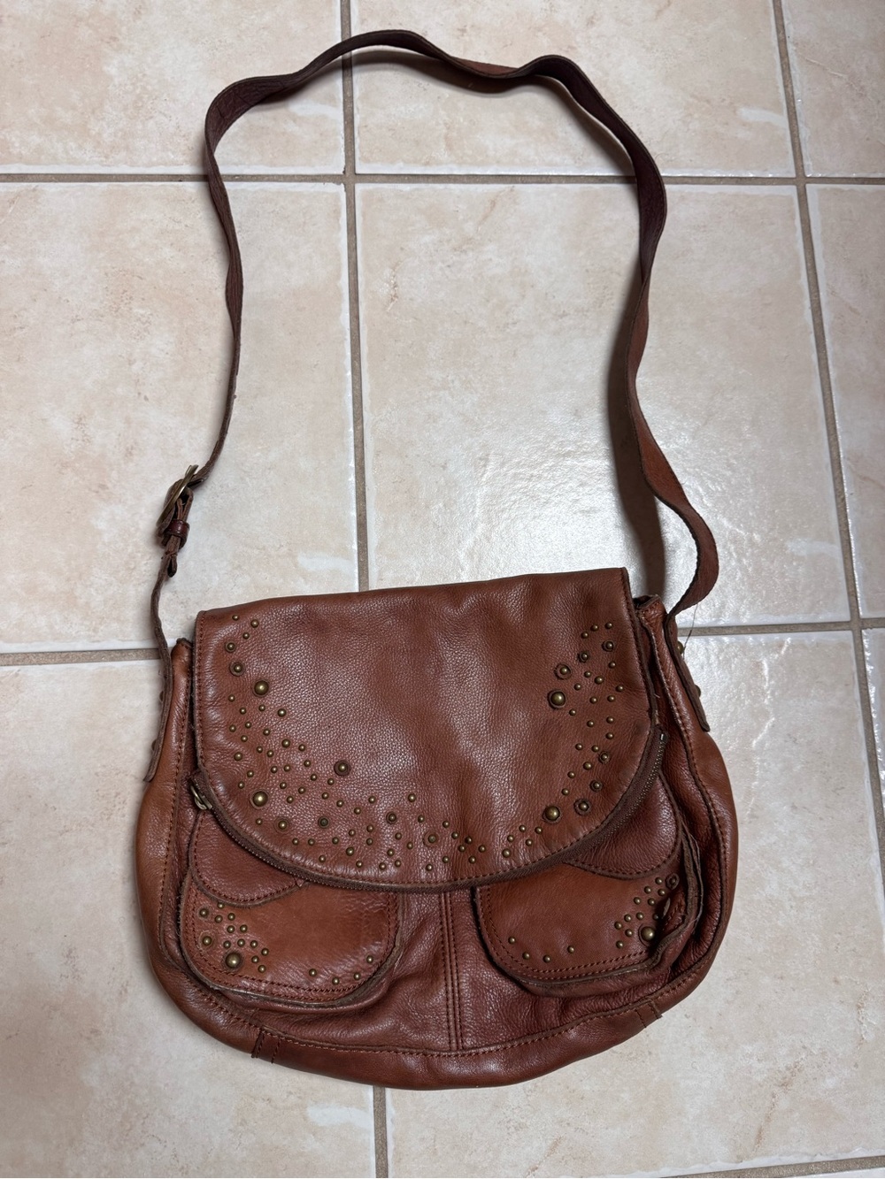 Lucky Brand Brown Leather Studded Crossbody Bag